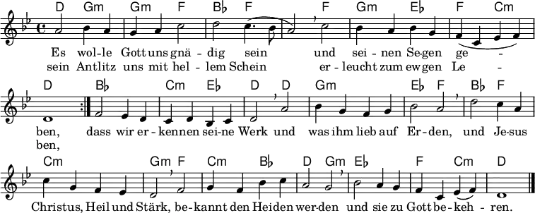 
\header { tagline = ##f }
\layout { indent = 0 \context { \Score \remove "Bar_number_engraver" } }

global = { \key d \phrygian \time 4/4 }

chordNames = \chordmode { \global \set ChordNames.midiInstrument = "acoustic guitar (nylon)"
  \repeat volta 2 { d,2\p g,:min | g,:min f, | bes, f,2~ | \set chordChanges = ##t f,2
    \set chordChanges = ##f f, | g,:min es, | f, c,:min | d,1 | }
  bes,1 | c,2:min es, | d, d, | g,1:min | es,2 f, | bes, f, | c,1:min | g,2:min
  f, | c,:min bes, | d, g,:min | es,1 | f,2 c,:min | d,1 \bar "|."
}

sopranoVoice = \relative c'' { \global \set midiInstrument = "choir aahs" % "flute"
  \repeat volta 2 { a2 bes4 a | g a c2 | d c4. (bes8 a2) \breathe
    c | bes4 a bes g | f (c es f) | d1 | }
  f2 es4 d | c d bes c | d2 \breathe a'2 | bes4 g f g | bes2 a \breathe
  d c4 a | c g f es | d2 \breathe f | g4 f bes c | a2 g | \breathe
  bes2 a4 g | f c es (f) | d1 \bar "|."
}

verse = \lyricmode {
  << { Es wol -- le Gott uns gnä -- dig sein
  und sei -- nen Se -- gen ge -- ben, }
     \new Lyrics \lyricmode {
  sein Ant -- litz uns mit hel -- lem Schein
  er -- leucht zum ew -- gen Le -- ben, } >>
  dass wir er -- ken -- nen sei -- ne Werk
  und was ihm lieb auf Er -- den,
  und Je -- sus Chris -- tus, Heil und Stärk,
  be -- kannt den Hei -- den wer -- den
  und sie zu Gott be -- keh -- ren.
}

\score {
  <<
    \new ChordNames \chordNames
    \new Staff
    \sopranoVoice
    \addlyrics \verse
  >>
  \layout { }
}
\score { \unfoldRepeats { << \chordNames \\ \sopranoVoice >> }
  \midi { \tempo 4=105
    \context { \Score midiChannelMapping = #'instrument }
    \context { \Staff \remove "Staff_performer" }
    \context { \Voice \consists "Staff_performer" }
  }
}
