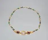 Necklace; circa 200 BC; gold, moonstone, garnet, emerald, cornelian, baroque pearl and banded agate; overall: 39.4 centimetres (15.5&nbsp;in); Cleveland Museum of Art (Cleveland)