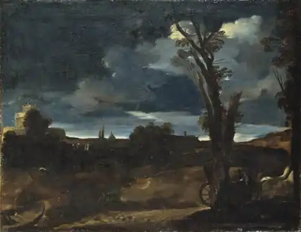Moonlit Landscape (c. 1616, oil on canvas, 55 × 71&nbsp;cm, Nationalmuseum, Stockholm, Sweden).[36] An early, naturalistic landscape.