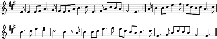{ \override Score.BarNumber #'break-visibility = #'#(#f #f #f) \override Score.TimeSignature #'stencil = ##f \time 4/4 \key a \major \partial 8 \relative e' {
  \repeat volta 2 {
    e8 | e4 e8 fis a4. gis8 | fis e fis a b4. cis8 |
    e,4. fis8 a cis b a | fis2 e4. }
  a8 | b4 b8 cis e4. fis8 | e cis b cis a4. cis8 | %end line 1
  b4. cis8 e4 << { fis4 } \\ { d } >> | cis2 b4 r8 a |
  b4 b8 cis e4. fis8 | e[ cis] b a b4. cis8 |
  e,4. fis8 a cis b a | fis2 e4. \bar "||" } }
