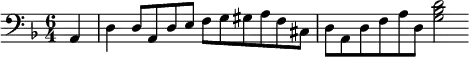 { \relative a, { \clef bass \key d \minor \time 6/4 \partial 4
a4 | d d8 a d e f g gis a f cis | d a d f a d, <g bes d>2 } }
