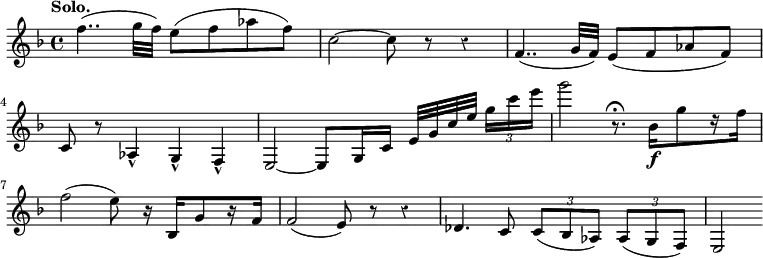 { \override Score.Rest #'style = #'classical \time 4/4 \key f \major \tempo "Solo." \relative f'' { f4..( g32 f) e8( f aes f) | c2 ~ c8 r r4 | f,4..( g32 f) e8( f aes f) | c8 r aes4-^ g-^ f-^ | e2 ~ e8 g16 c e32[ g c e] \times 2/3 { g16 c e } g2 r8.\fermata bes,,16\f[ g'8 r16 f] | f2( e8) r16 bes,[ g'8 r16 f] | f2( e8) r r4 | des4. c8 \times 2/3 { c( bes aes) } \times 2/3 { aes( g f) } | e2 } }