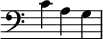 { \clef bass \override Score.TimeSignature #'stencil = ##f \clef bass \time 3/4 c'4 a g }