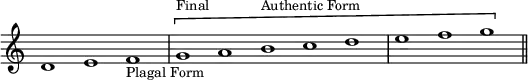 { \override Score.TimeSignature #'stencil = ##f \cadenzaOn d'1 e' f'_\markup { \small "Plagal Form" } \[ \bar "|" g'^\markup { \small Final } a' b'^\markup { \small "Authentic Form" } c'' d'' \bar "|" e'' f'' g'' \] \bar "||" }