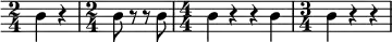  \relative c'' { \override Score.Clef #'stencil = ##f \numericTimeSignature \time 2/4 b4 r4 | \time 2/4 b8 r8 r8 b8 | \time 4/4 b4 r4 r4 b4 | \time 3/4 b4 r4 r4 }