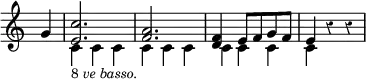 \relative g' { \time 3/4 \override Score.TimeSignature #'stencil = ##f \partial 4 \override Score.Rest #'style = #'classical
g4 << { <c e,>2. <a f> | <f d>4 e8 f g f | e4 } \\ { c4_\markup \small { 8 \italic"ve basso." } c c | c c c | c c c | c } >> r r }