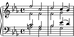 
   \new PianoStaff <<
    \relative c'' {
    \new Staff {
     \key ees \major
      <<
        { f2 c2 d2 c4( bes4) }
        \\
        { f2 f2 f2 g2 }
      >>
     }
    }
     \new Staff {
     \relative c' {
     \clef "bass"
     \key ees \major
      <<
        { c2 a2 bes2 ees4( d4) }
        \\
        { a2 f2 bes2 g2 }
      >>
     }
    }
  >>
