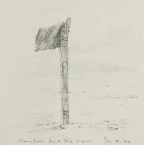 Sketch of a flag with a ski as flagpole. Captioned: 'Amundsen's South Pole mark. Jan. 18. 1912'