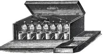 Cross-hatched drawing of a wooden box, open to show bottles and beakers within.