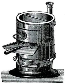 Cross-hatched illustration of a barrel-like stove.