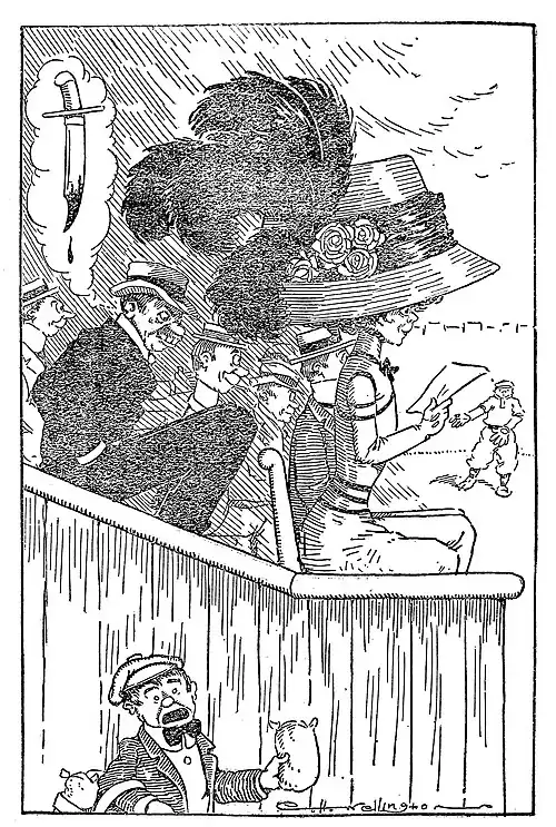 A woman in an enormous hat watches a baseball game from the stands, as a man whose view is blocked looks daggers (depicted in a thought bubble) at her. Below the stands, a boy hawks bags of peanuts.
