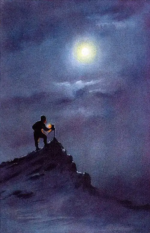 Watercolour painting of a person atop a peaked hill silhouetted by the moon