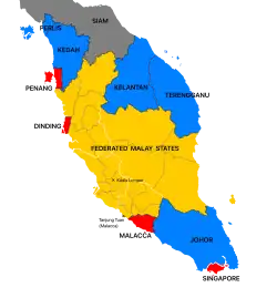 A political map showing the individual states of Malaya