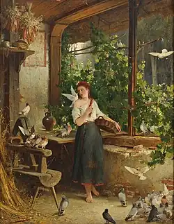 Aschenbrödel, the heroine of a tale of the Cinderella type, visited by the pigeons or doves who come to help her in her tasks.