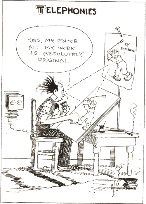 A cartoon of a cartoonist seated at his drawing table, talking on a phone