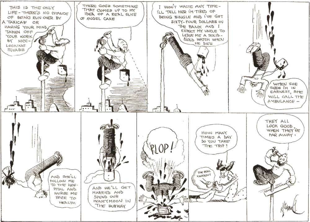 A comic strip of a man painting at the top of a flagpole