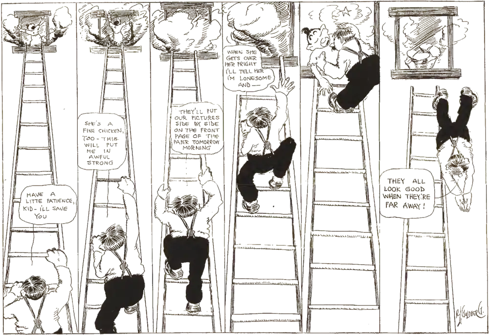 A comic strip of a man climbing a ladder to save someone in a tenement fire