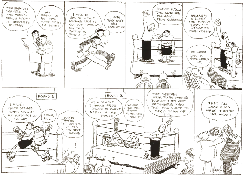 A comic strip of a two men visiting a boxing match