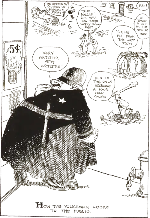 A comic strip of an obese police officer distracted from several crimes by an ice cream float advertisement