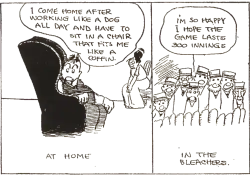 A comic strip of a man needing plenty of space while seated at home, but happy to be crowded in the stands at a baseball game