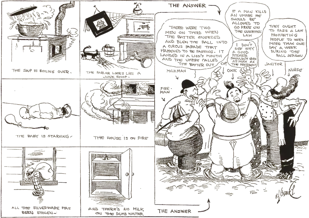 A comic strip showing chaos in several situations because everyone is arguing at a baseball game instead of doing their jobs