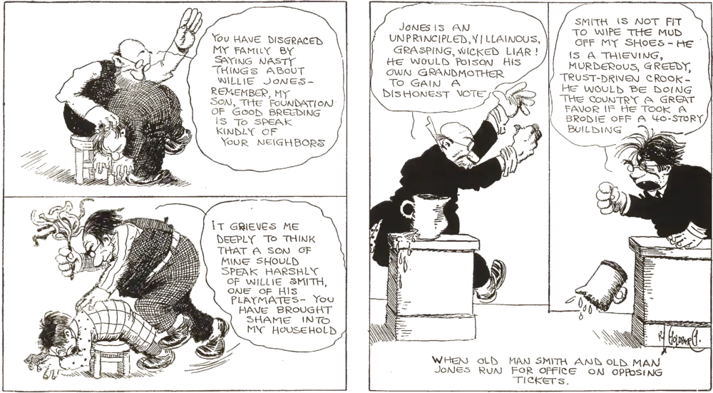 A comic strip of men spanking children and then debating for office