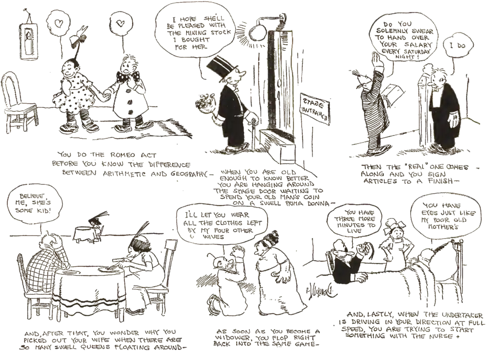 A series of cartoons showing a boy growing up and his relationships with women to his death