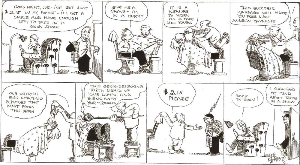 A comic strip about a barber with extreme techniques