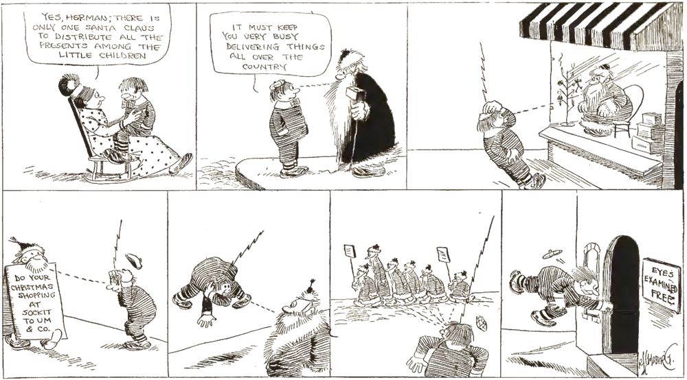 A comic strip about a boy who believes that dozens of men are all one Santa Claus