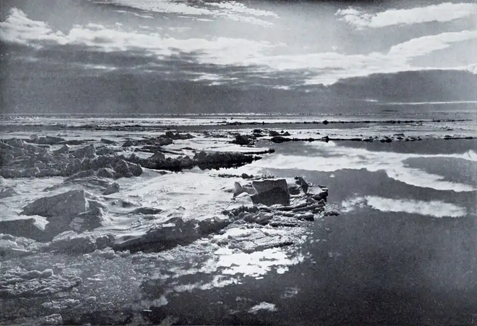 Photo of rough pack ice with sections of smooth open water