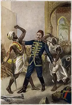 A drawing of General Gordon wrestling with a Sudanese soldier as another stands behind him with a knife held high