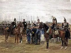 A painting of a mounted French cavalry officer guarding captured Bavarian soldiers
