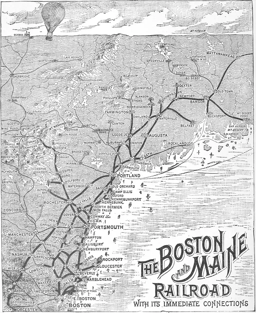 A map of the Boston and Maine railroad, showing connections from Boston along the coast to Northern Maine and inland to Mount Washington