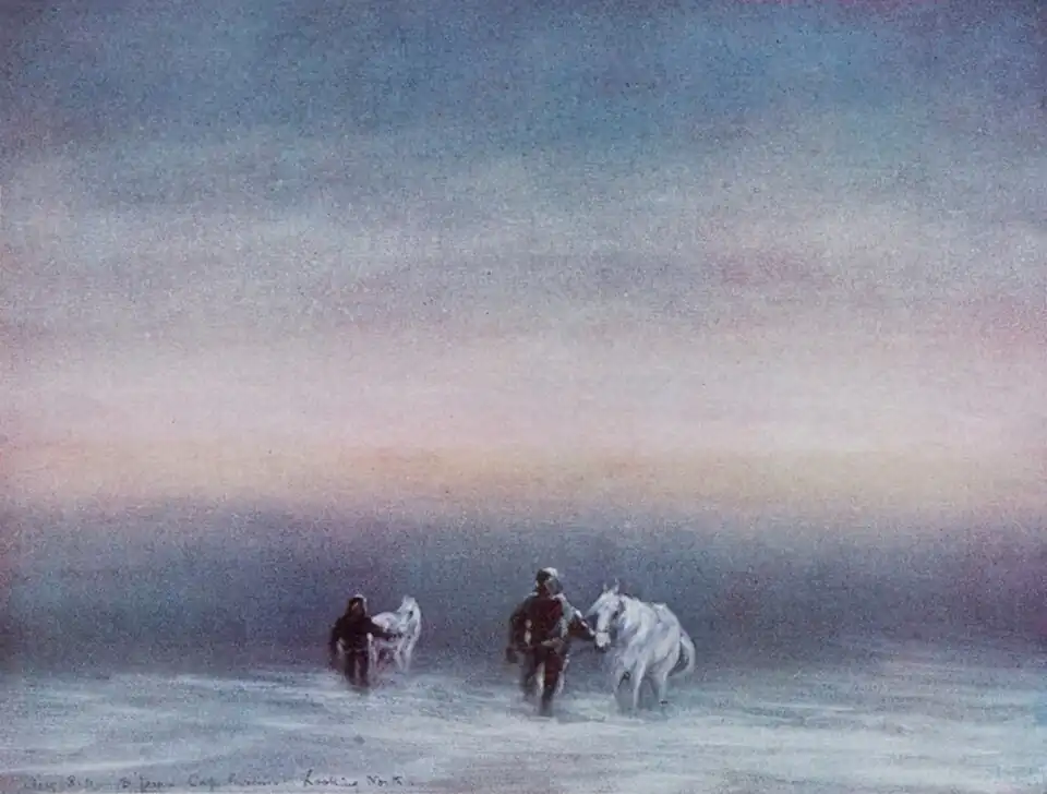 Watercolour painting of two distant people each leading a pony across featureless snow