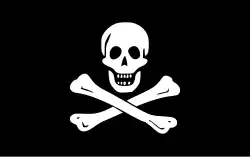 The flag of the pirate Edward England, also known as the Jolly Roger or the Skull and Crossbones - a stylised white skull above crossed white bones against a black field