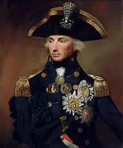 Painted portrait of Rear-Admiral Sir Horatio Nelson by Lemuel Francis Abbott, showing the Admiral in full uniform, looking to the left with an empty right sleeve pinned to his chest