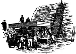 Thrashing Machine at work with stacking elevator behind.