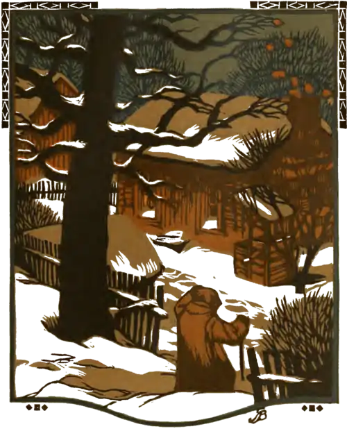 A woodcut of a person walking in the snow toward a cabin