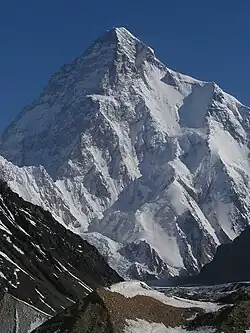 A photograph of the snow-covered mountain K2