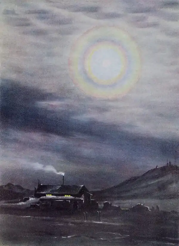 Watercolour painting of a 360° halo around the moon through thin clouds, with Scott's Hut in the foreground