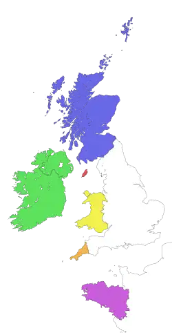 Outline map of the British Isles and northern France with some countries and regions highlighted. Scotland in blue; Ireland in green; Isle of Man in red; Wales in yellow; Cornwall in orange; Brittany in pink.