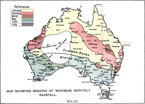 Map showing regions of maximum monthly rainfall.