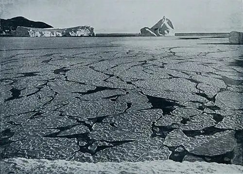 Photo of thin, angular patches of ice largely covering over a bay