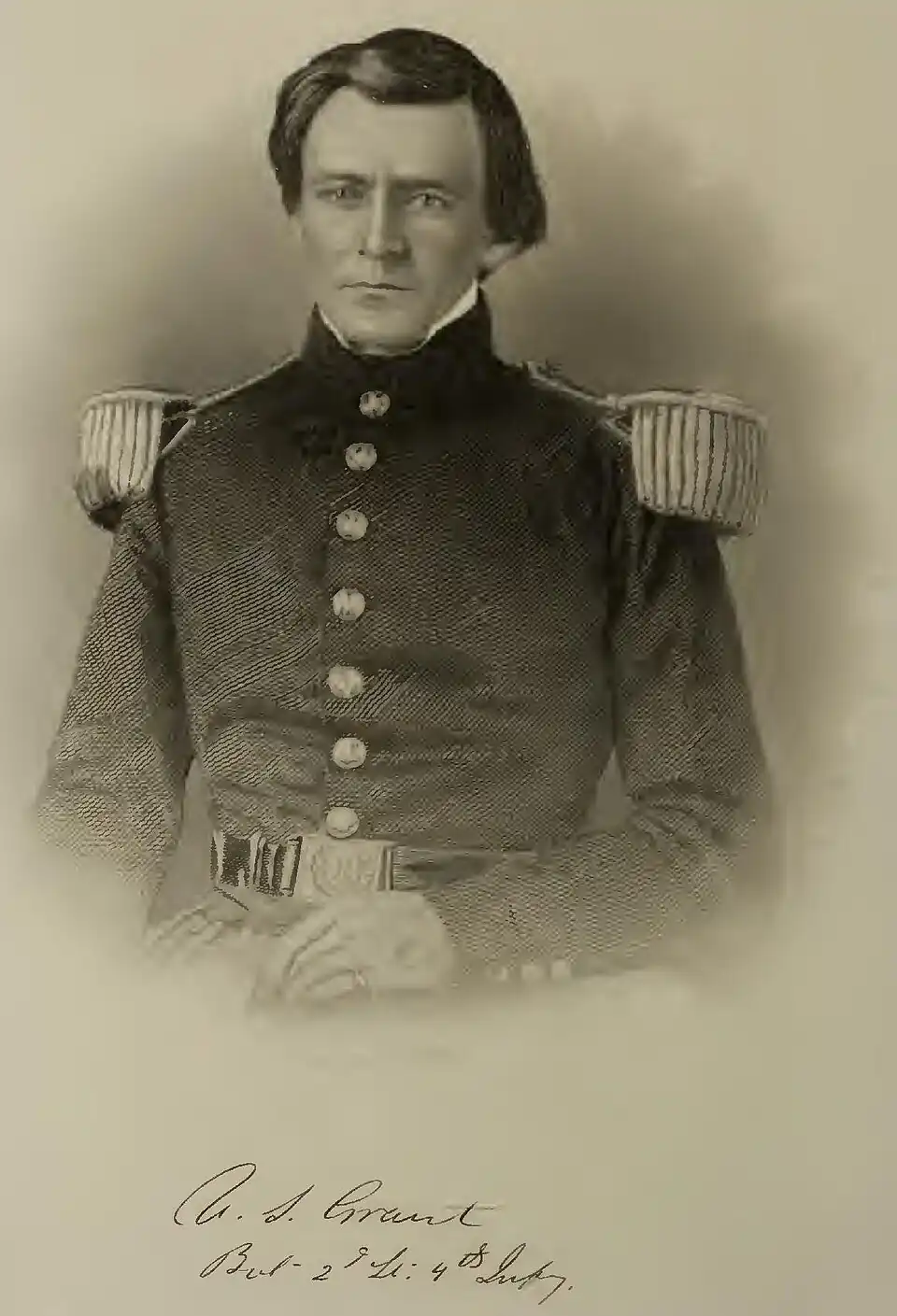 An intricate drawing of Grant as a young man in a military uniform with epaulets with cursive writing beneath it reading “U. S. Grant / Bul- 2nd Lt. 4th July.”