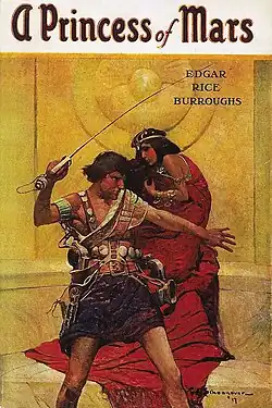 Painted cover art for a 1917 edition of from A Princess of Mars: a man with a sword stands in front of and defends a woman in a long red cloak
