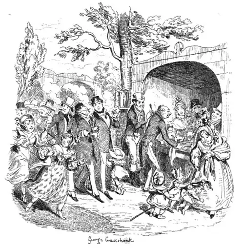 Illustration by George Cruickshank from 'London Recreations', a story in 'Sketches by Boz', a collection of stories by Charles Dickens (1836 edition, Volume 1)