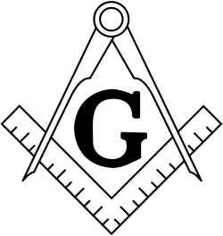 A coat of arms of the Freemasons, showing a set of compasses (above) slightly overlapping a set square (below) with the letter "G" in the center