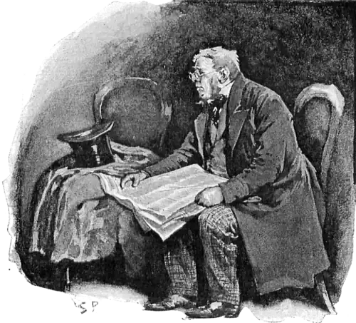 Illustration of a person sitting on a chair holding sheets of paper, with a hat on another chair behind and to the left