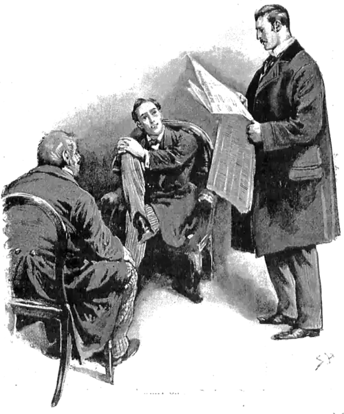 Illustration of Watson standing and reading the newspaper while Holmes (farther from and facing towards the viewer) and Wilson (closer to and facing away from the viewer) look at him