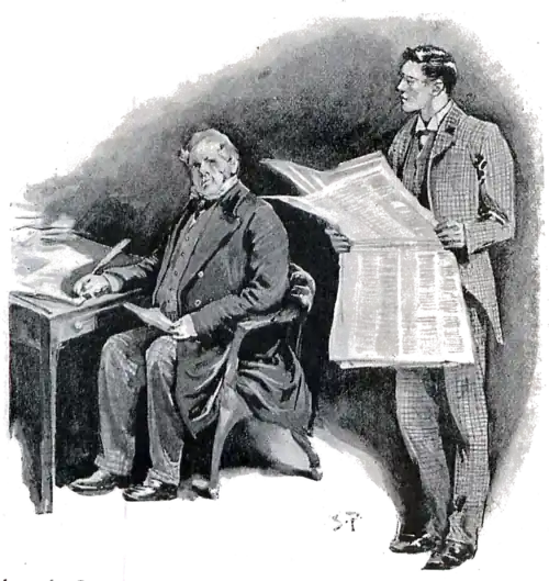 Person standing and holding a newspaper in front and to the right of another person in a chair at a table, looking at each other
